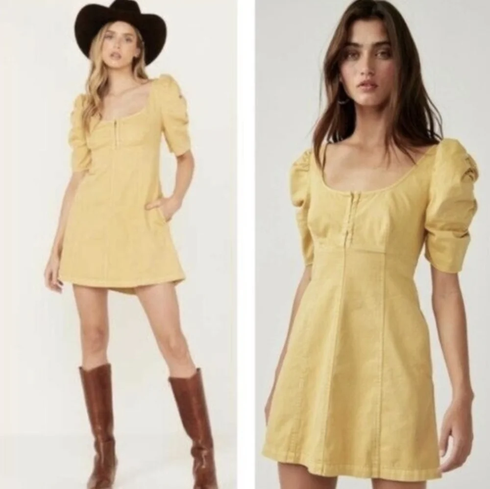 Free People Cheyenne Denim Mini Dress Babydoll Smocked Pockets Puffer Sleeve S